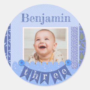Baby Boy 3rd Birthday Blue Scrapbook Classic Round Sticker