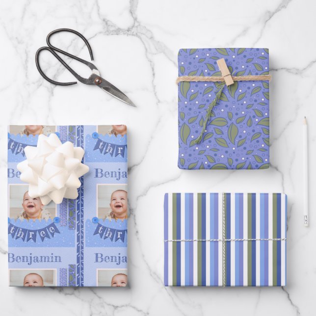 Baby Boy 3rd Birthday Blue Scrapbooking Wrapping P Paper Sheet (Front)