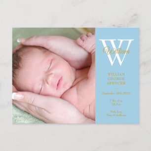 Baby Boy 4 Photos Gold Script Monogram Blue Birth Announcement Postcard