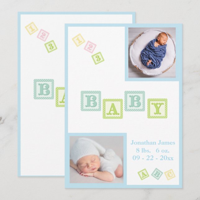 Baby Boy ABC Blocks Blue Newborn Photos Baby Announcement (Front/Back)