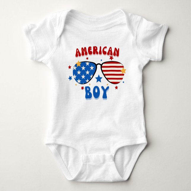 Baby Boy American Flag Glasses Independence Day Baby Bodysuit (Front)