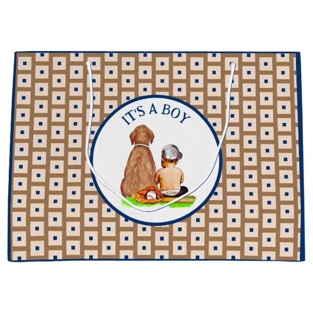 Baby Boy and Dog Baseball Themed Baby Shower Large Gift Bag (Front)