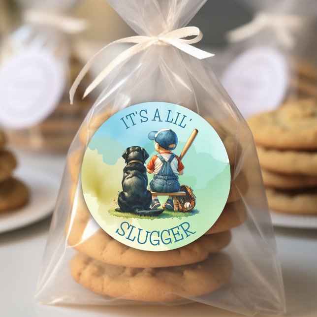 Baby Boy and Dog | Lil Slugger | Baby Shower Classic Round Sticker (Creator Uploaded)