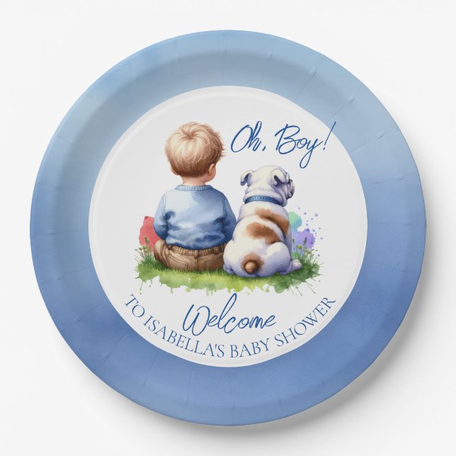 Baby Boy and his Bulldog Baby Shower Paper Plate (Front)