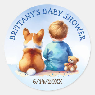 Baby Boy and his Corgi Puppy Baby Shower Classic Round Sticker