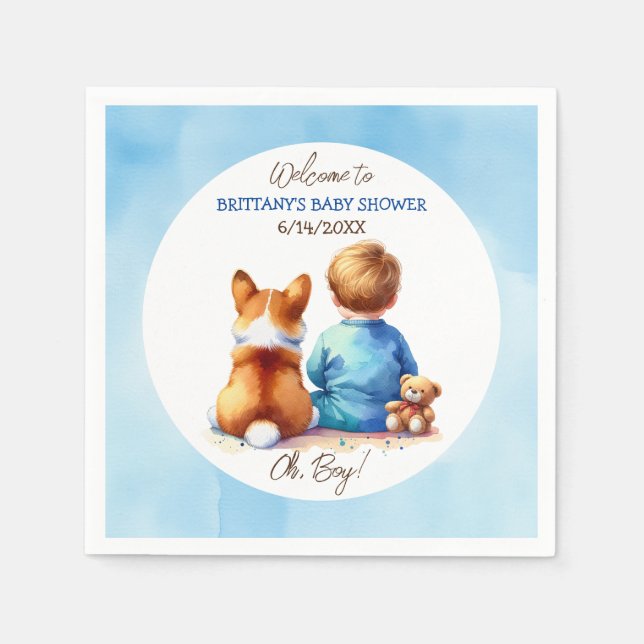 Baby Boy and his Corgi Puppy Baby Shower Napkin (Front)