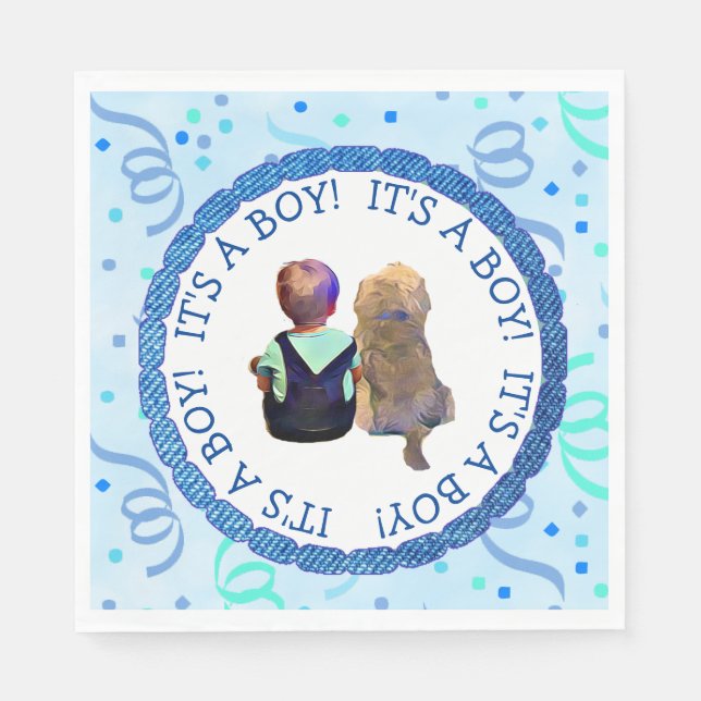 Baby Boy and his Dog Blue and Green Confetti Napkin (Front)