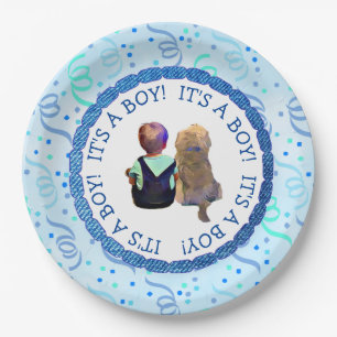 Baby Boy and His Dog Its a Boy Baby Shower Paper Plate
