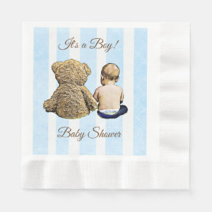 Baby Boy and Teddy Bear Blue Striped Napkins