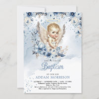 Baby boy angel and dusty blue floral wreath