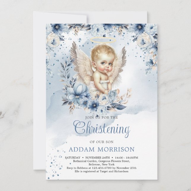 Baby boy angel and dusty blue floral wreath invitation (Front)