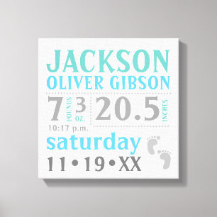 Baby boy Announcement, blue, green, grey Canvas Print
