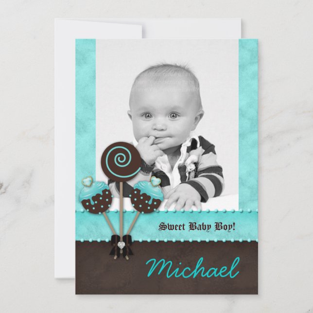 Baby Boy Announcement Invite Cake Pops Blue V (Front)