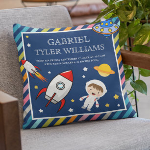 Baby Boy Astronaut Outer Space Rocket Birth Stats Cushion