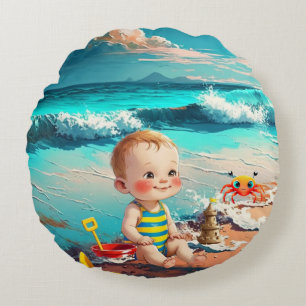 Baby Boy at the Beach Round Cushion