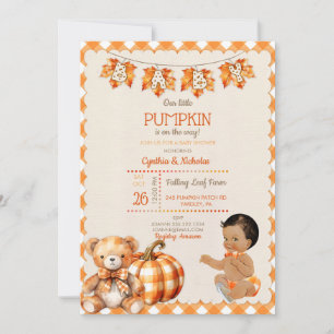 Baby Boy Autumn Plaid Teddy Bear Pumpkin Leaves Invitation