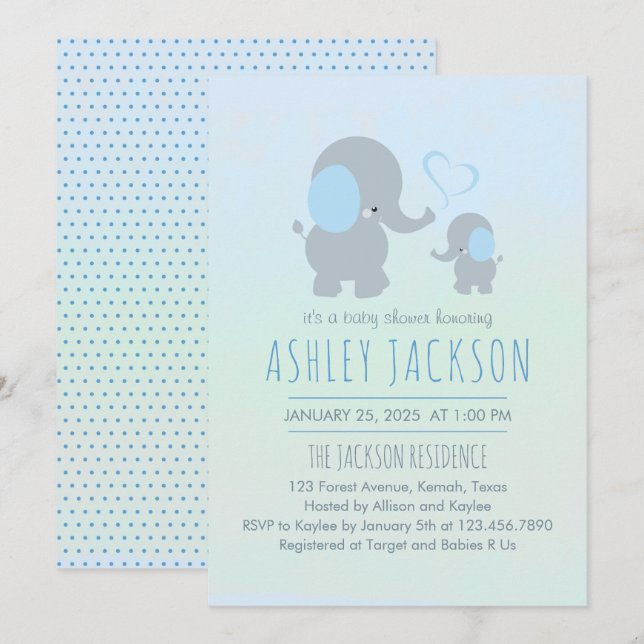 Baby Boy Baby Elephant Baby Shower Invitation (Front/Back)