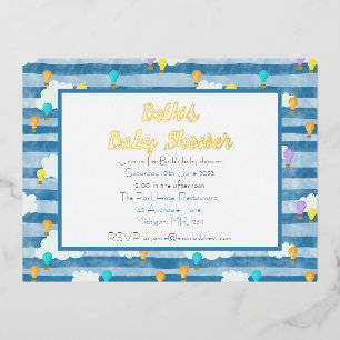 Baby boy baby shower, blue, hot air balloon foil invitation postcard