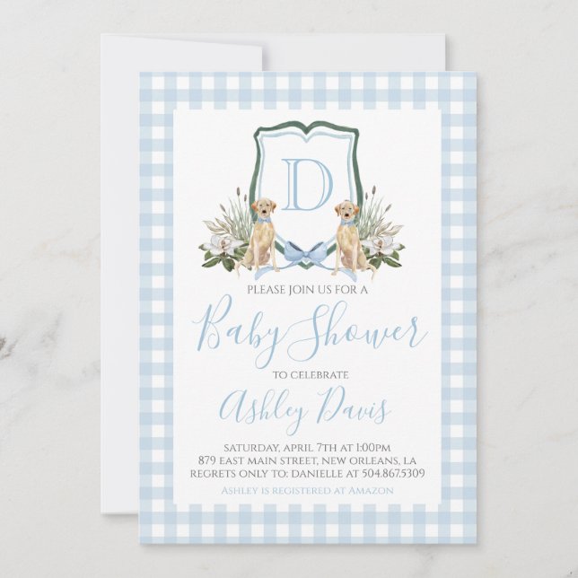 Baby Boy Baby Shower Preppy Dog Southern Gingham Invitation (Front)