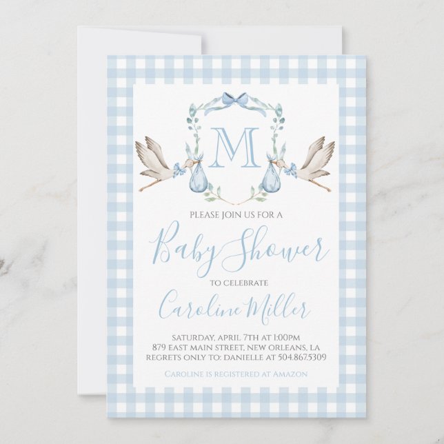 Baby Boy Baby Shower Preppy Stork Gingham Blue Invitation (Front)