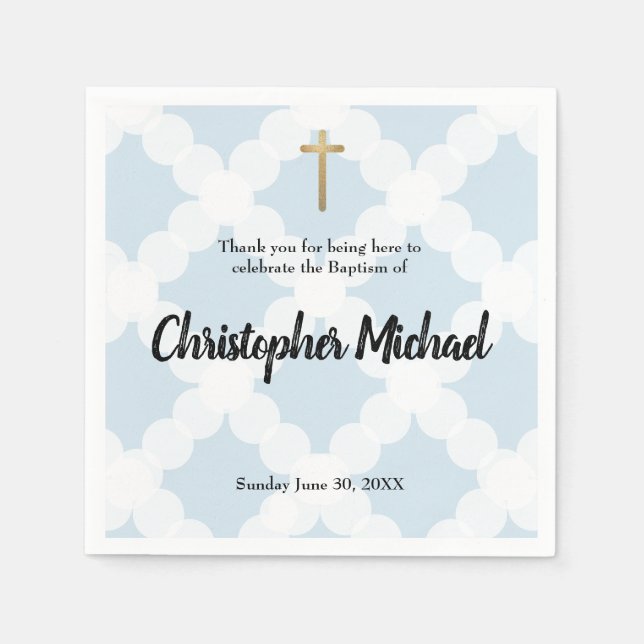 Baby boy Baptism blue and white circle pattern Napkin (Front)