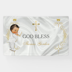 Baby Boy Baptism Christening Gold Cross Banner