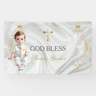 Baby Boy Baptism Christening Gold Cross Banner