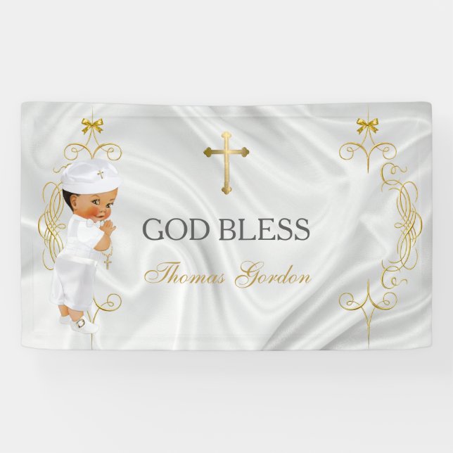 Baby Boy Baptism Christening Gold Cross Banner (Horizontal)
