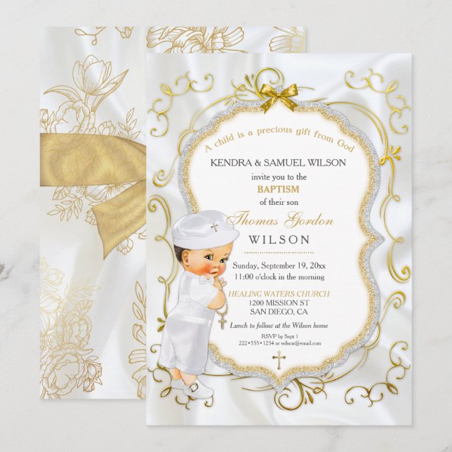 Baby Boy Baptism Christening Gold Cross Glitter Invitation (Front/Back)