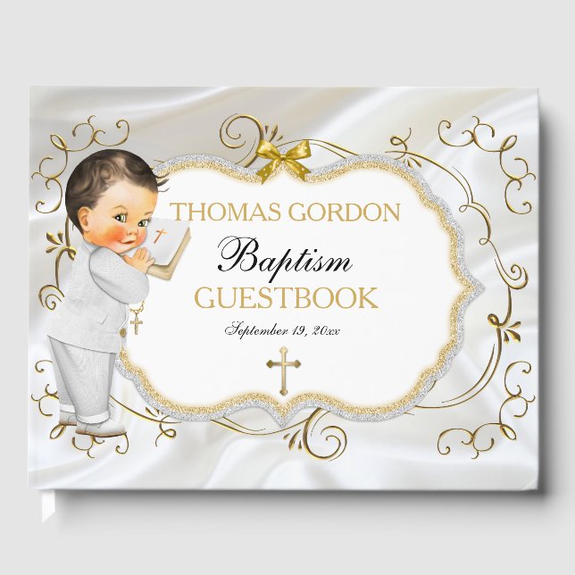 Baby Boy Baptism Christening Gold Cross Guest Book (Front)