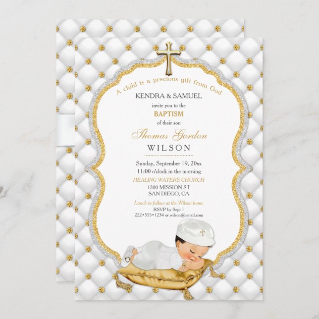 Baby Boy Baptism Christening Gold Cross Invitation (Front/Back)