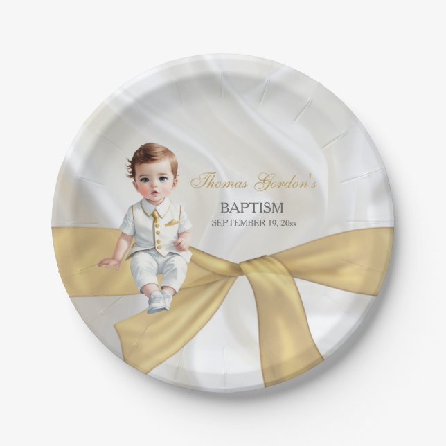 Baby Boy Baptism Christening Gold White Paper Plate (Front)