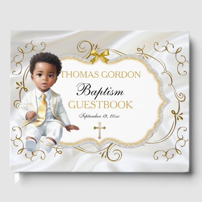 Baby Boy Baptism Christening White & Gold Cross Guest Book (Front)