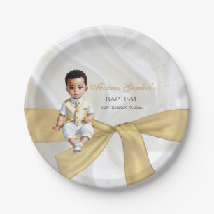 Baby Boy Baptism Christening White & Gold Paper Plate