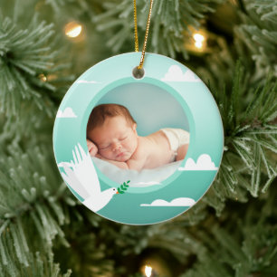 Baby Boy Baptism Dove Clouds Photo Frame Ceramic Ornament