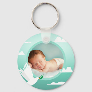 Baby Boy Baptism Dove Clouds Photo Frame Key Ring