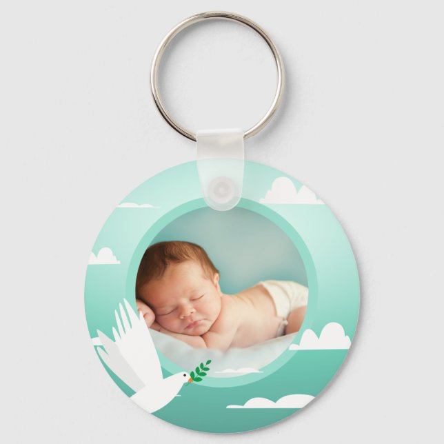 Baby Boy Baptism Dove Clouds Photo Frame Key Ring (Front)