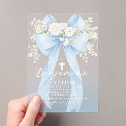 Baby Boy Baptism Elegant Blue Eucalyptus Bow Acrylic Invitations