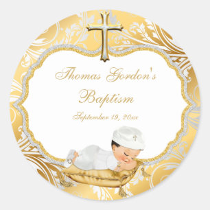 Baby Boy Baptism Gold Cross Classic Round Sticker