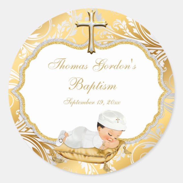 Baby Boy Baptism Gold Cross Classic Round Sticker (Front)