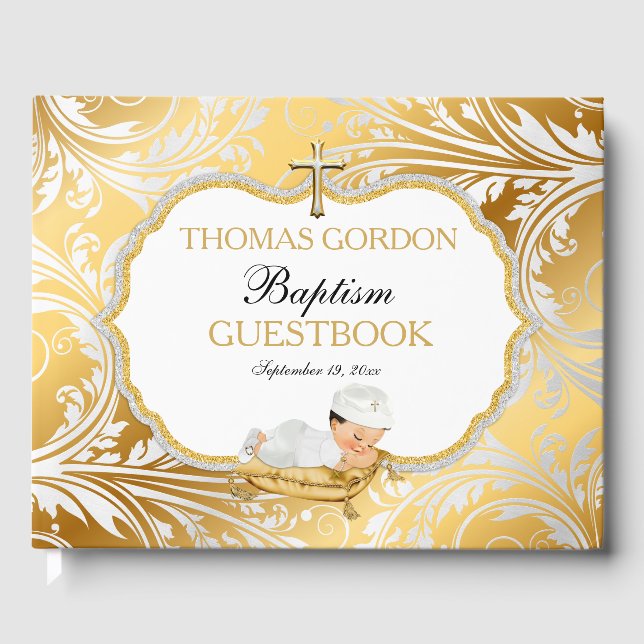 Baby Boy Baptism Gold Cross Guest Book (Front)