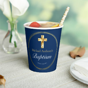 Baby Boy Baptism Navy Blue Gold Cross   Paper Cups