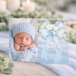 Baby Boy Baptism Photo Floral Eucalyptus Bow Acrylic Invitations