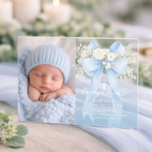 Baby Boy Baptism Photo Floral Eucalyptus Bow Acrylic Invitations
