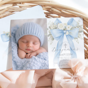 Baby Boy Baptism Photo Floral Eucalyptus Bow Invitation
