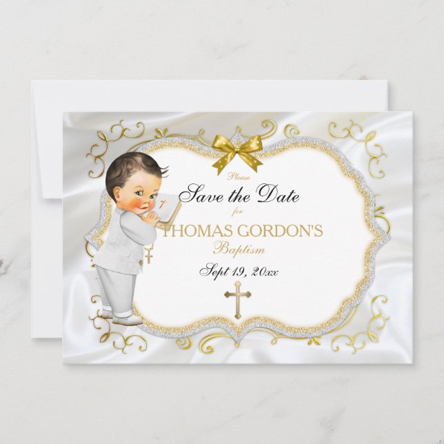 Baby Boy Baptism Save Date White Gold Cross Save The Date (Front)
