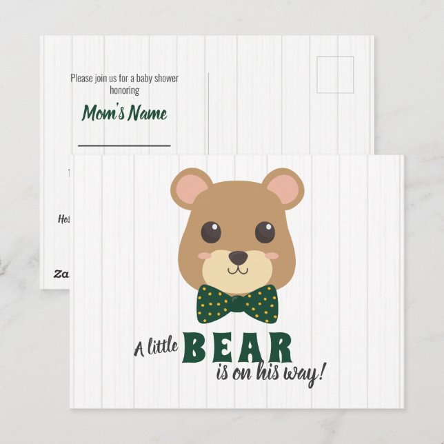 Baby Boy Bear Green & Gold Baby Shower Invitation  Postcard (Front/Back)