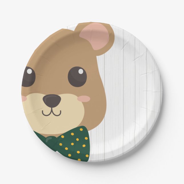 Baby Boy Bear Green & Gold Baby Shower Paper Plate (Front)