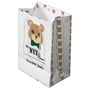 Baby Boy Bear Green & Gold Medium Gift Bag