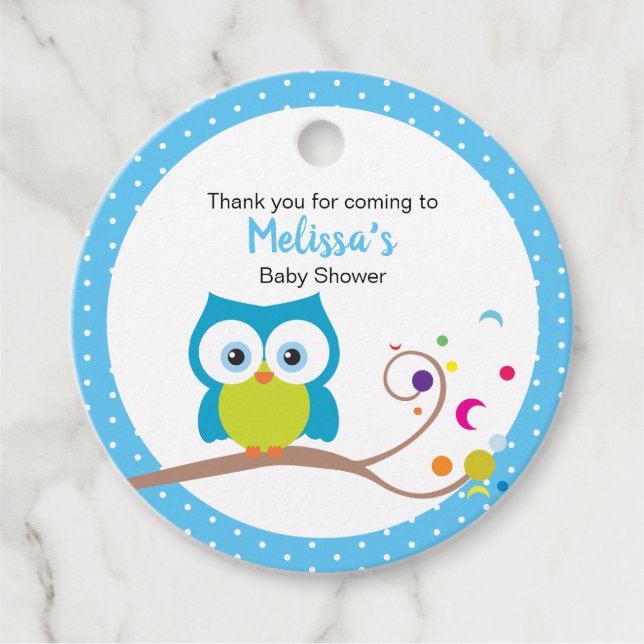 Baby Boy Big Eyed Smiling Owl Favour Tag (Front)